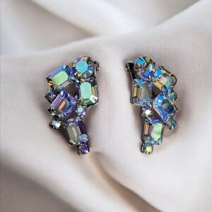 Juliana Blue Purple Aurora Borealis Vintage Rhinestone Climber Clip-On Earrings